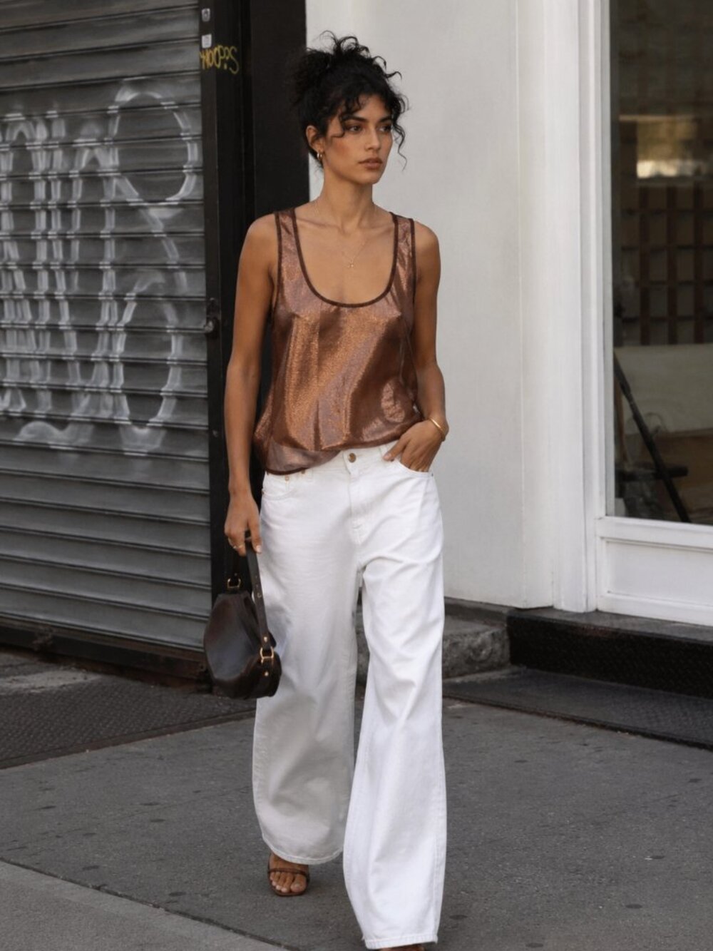 REISS Top Sheer Metálic Tank Womens Copper Organza Sz S